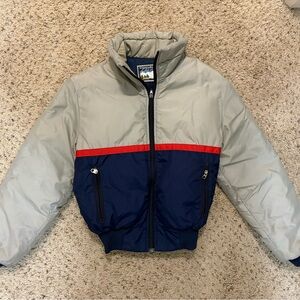 Vintage 80s Men's Gray and Blue Ski Jacket with Red Accent